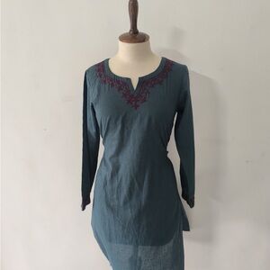 Hand Embroidered Teal Long Sleeve Women's Top